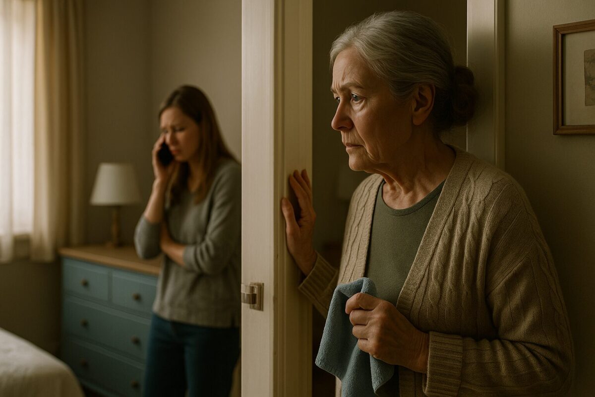 Пожилая мать с тревогой подслушивает разговор дочери за дверью — сцена семейной драмы, материнская забота, скрытая проблема, напряжение в семье.