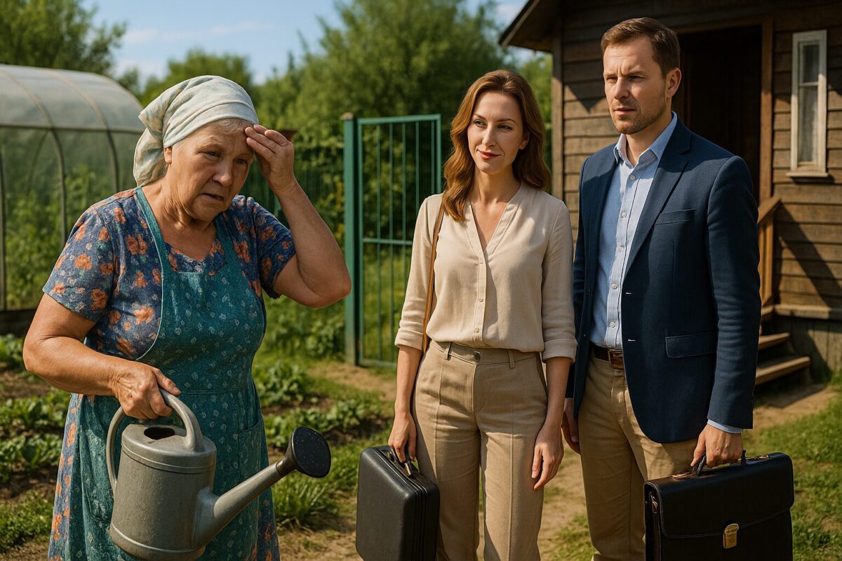 Пожилая женщина с лейкой в руках стоит на огороде у дачи, напротив неё — дочь с зятем в деловой одежде, пришедшие за наследством; сцена конфликта из-за дачного участка.