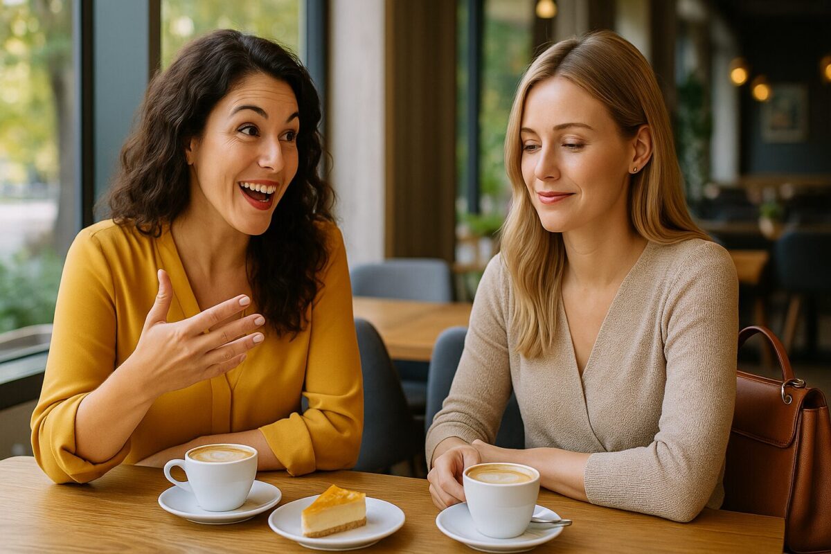 Две женщины за столиком в кафе пьют кофе, одна радостно рассказывает, вторая задумчива — сцена женского общения, подруга завидует счастливой жизни, внешнее благополучие и скрытая тревога.