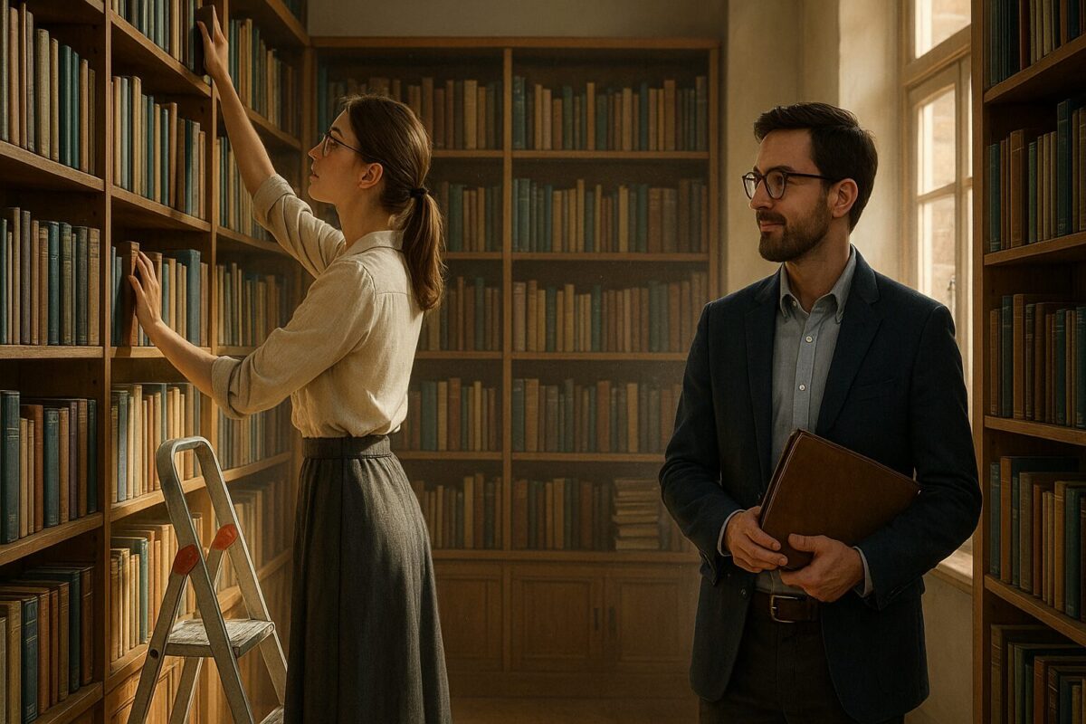 Молодая библиотекарша на стремянке тянется за книгой в школьной библиотеке, а молодой учитель наблюдает за ней с интересом — сцена первой встречи, романтика, школьная история любви.