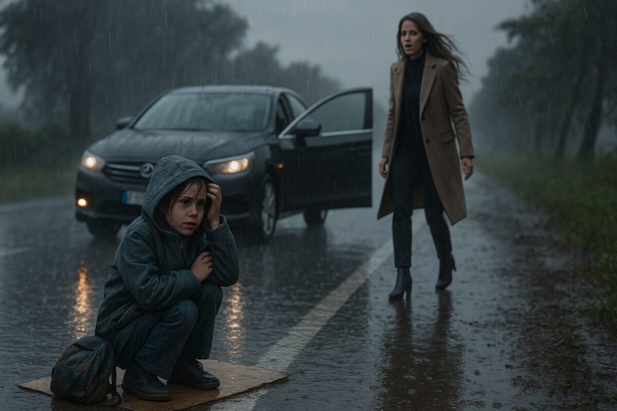 Промокшая девочка сидит на обочине мокрой дороги под проливным дождём, к ней спешит женщина из автомобиля — сцена спасения, случайной встречи и человеческого сострадания.