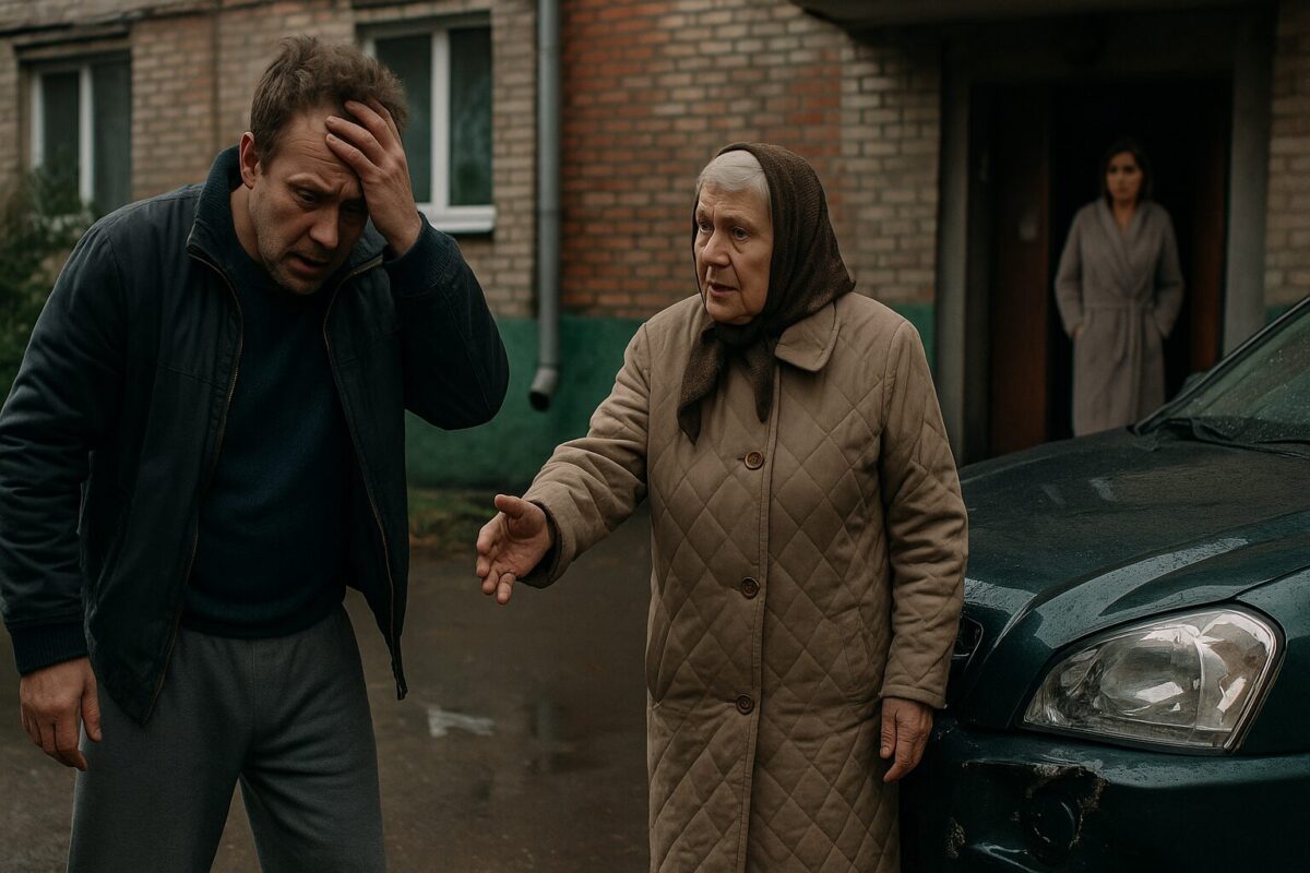 Мужчина в панике у разбитой машины, рядом соседка обвиняюще указывает на бампер — сцена из розыгрыша о вымышленном ДТП, чтобы отучить от пьянства.