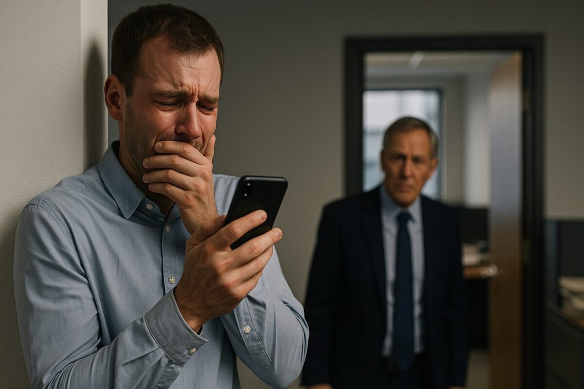 Мужчина в офисе плачет, получив по телефону известие о гибели близких — сцена потери, шока и одиночества после трагедии.
