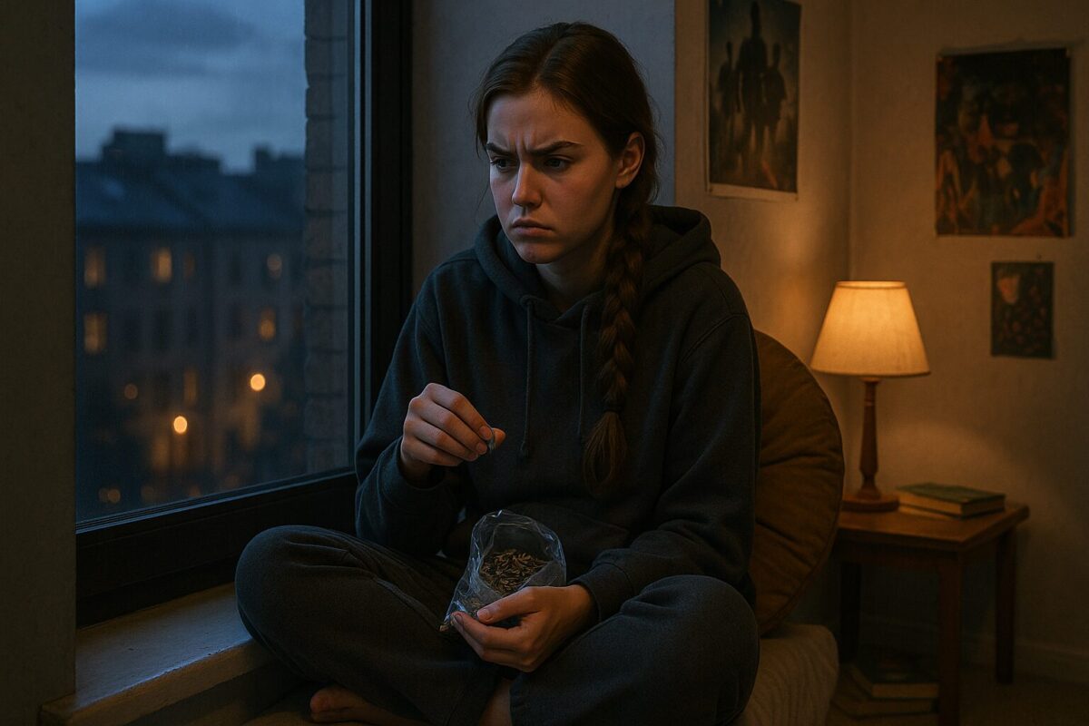 Девушка в тёмном худи сидит на подоконнике, злая и расстроенная, ест семечки — сцена конфликта в семье, внутреннего протеста и одиночества.