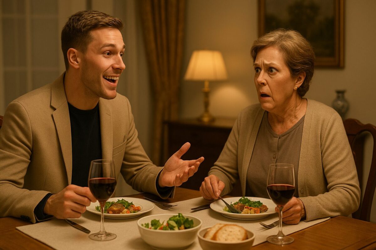 Молодой человек сообщает матери за ужином, что собирается жениться — сцена удивления, шока и начала семейного конфликта.