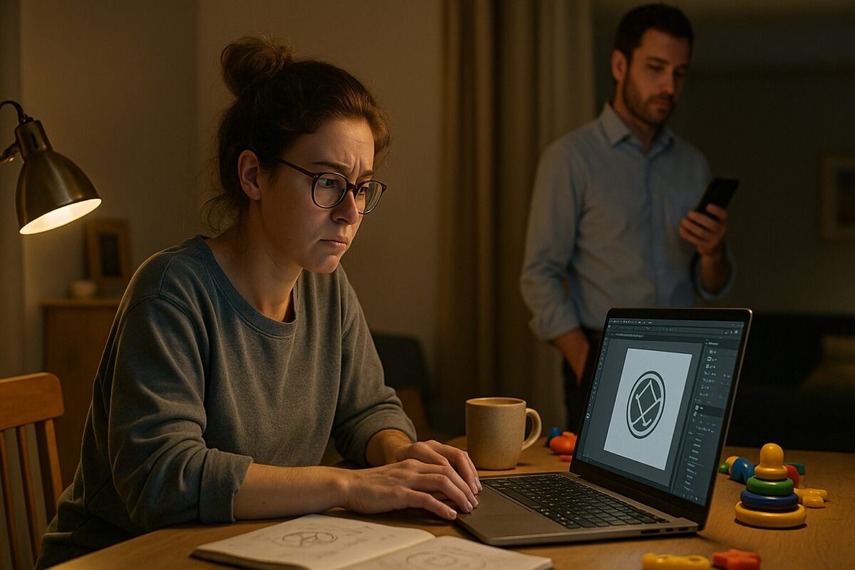 Молодая мама-дизайнер работает за ноутбуком, муж с телефоном в руке насмешливо проходит мимо — момент начала семейного конфликта и женской решимости.