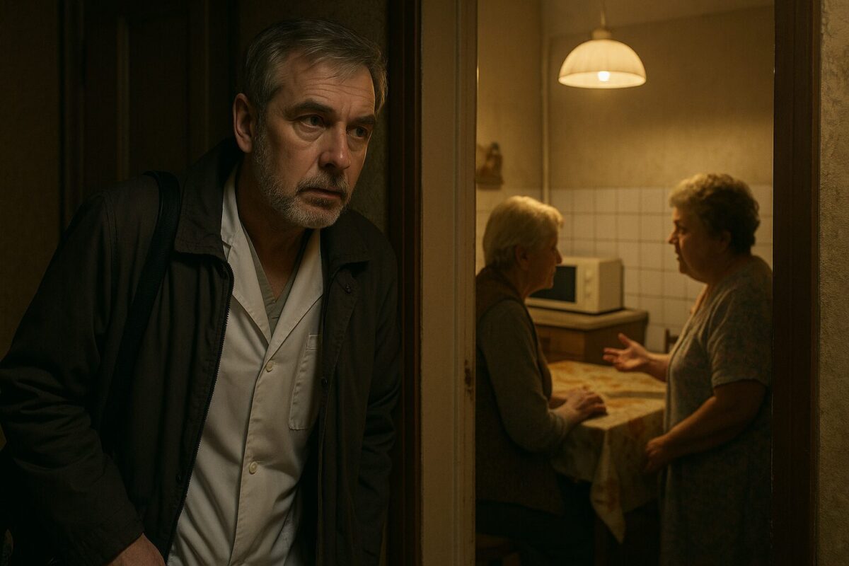 Кардиохирург в халате стоит в тени коридора, слушая разговор двух пожилых женщин на кухне — сцена семейного конфликта, врач и тёща в напряжённой ситуации.