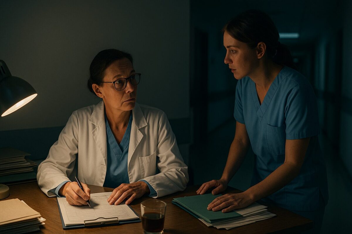 Ночная смена в больнице: врач и медсестра обсуждают состояние пожилого пациента — тревожный момент заботы и профессионализма в медицине.