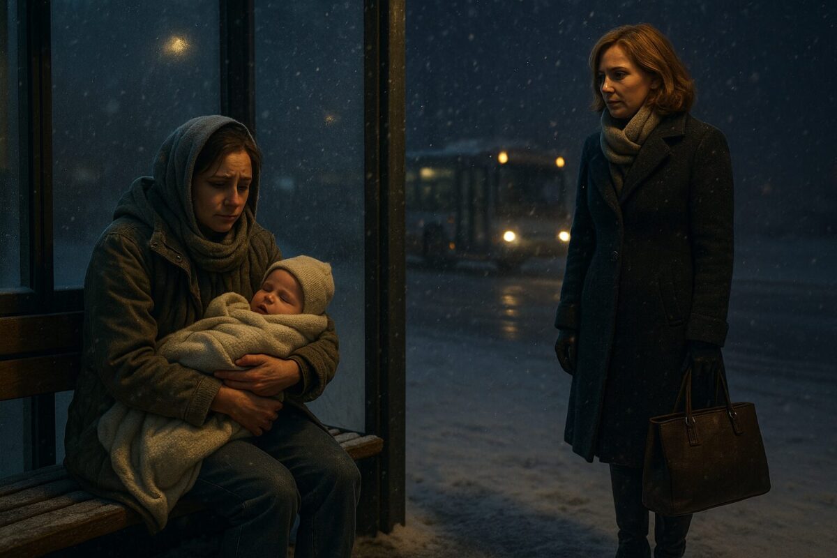 Молодая мать с младенцем на руках мёрзнет на остановке в метель — рядом стоит женщина, готовая предложить помощь. Сцена начала судьбоносной встречи и спасения.