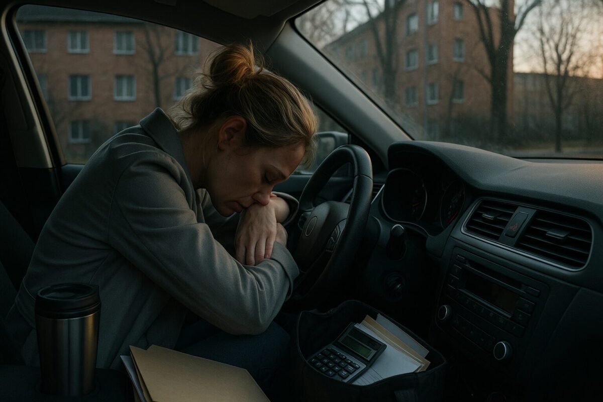 Уставшая женщина-бухгалтер сидит в машине у дома, склонившись на руль — сцена переутомления, стресса и эмоционального выгорания на фоне весеннего утра.