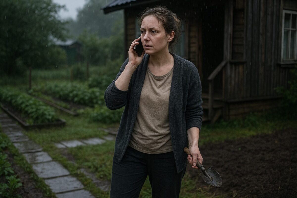 Женщина с садовым инструментом на даче в дождь разговаривает по телефону — момент конфликта при разводе, сцена дележа имущества и судьбоносного выбора.
