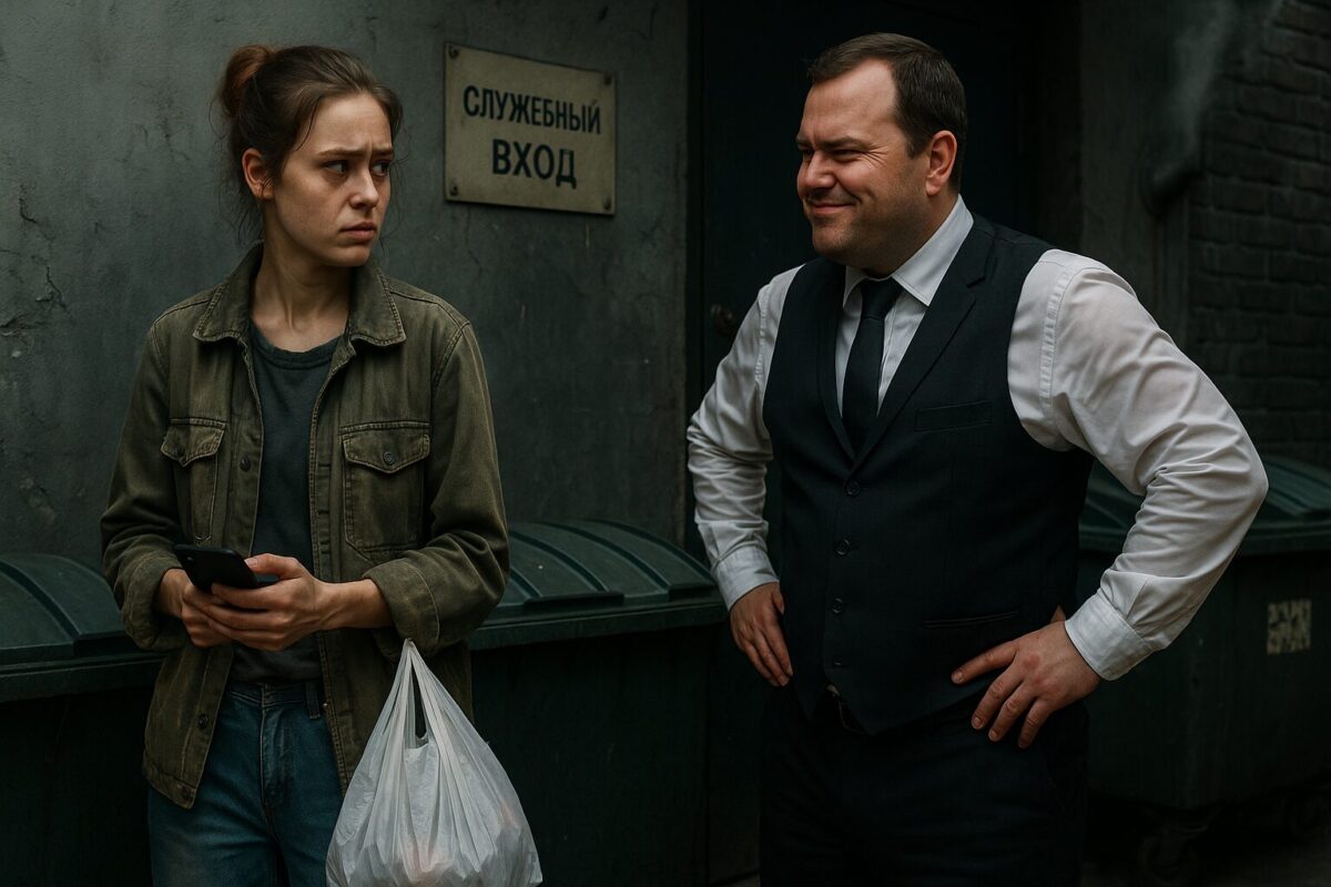 Девушка у служебного входа ресторана держит пакет и телефон, рядом администратор с презрительной улыбкой — сцена начала пути сироты, унижения и будущей победы.