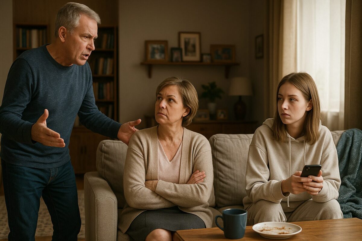 Семейный конфликт в гостиной: отец ругается, мать молчит с тревогой, взрослая дочь безразлично листает телефон — сцена кризиса родительского воспитания и эмоционального отчуждения.