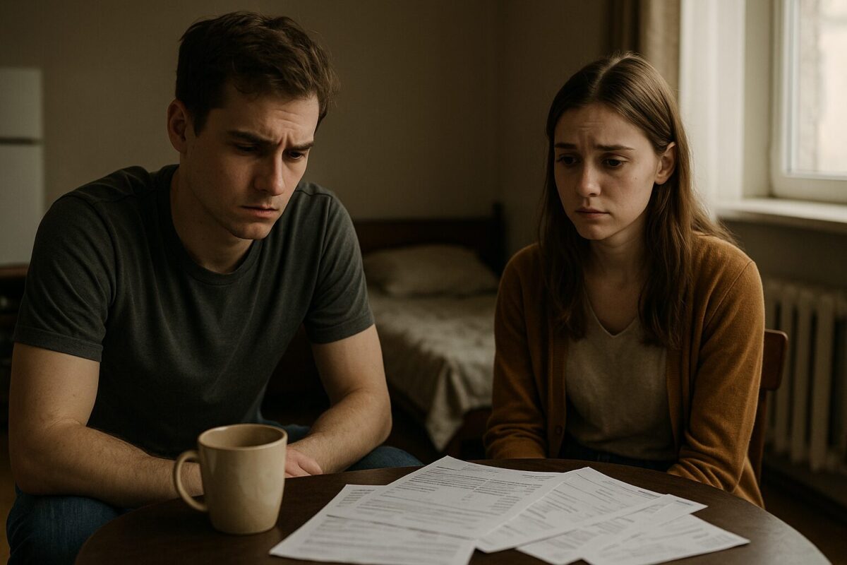 Молодая пара в скромной квартире за столом с разбросанными счетами и пустой кружкой; на лицах тревога и усталость — отражение финансовых трудностей и эмоционального кризиса.