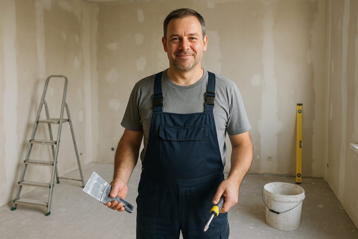 Мужчина в рабочей одежде с инструментами стоит в комнате на фоне ремонта; рядом стремянка, уровень и ведро — он гордится своим новым умением.