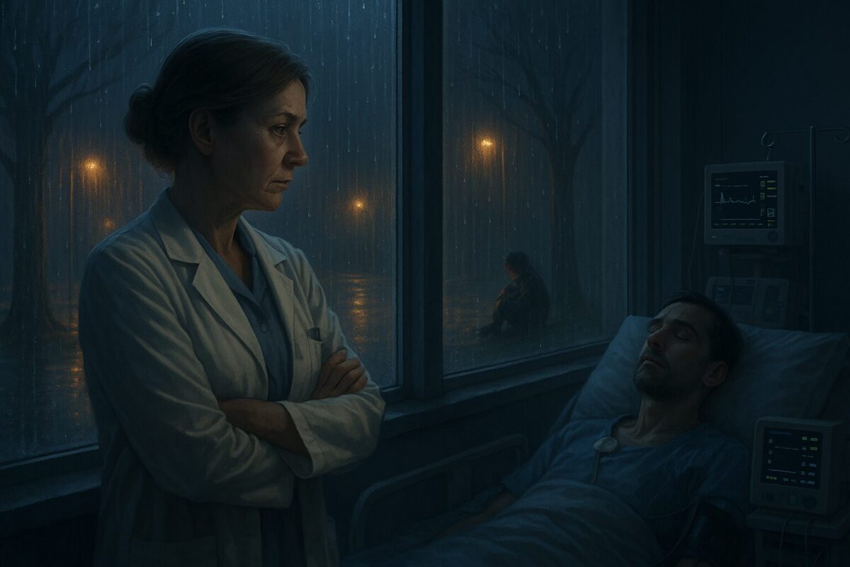 Женщина-врач у окна больничной палаты смотрит на мокрую девочку под деревом, за её спиной — пациент в коме, подключённый к аппаратуре; сцена пронизана дождём и тревогой.