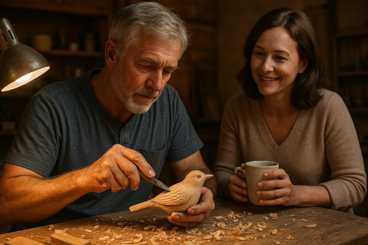 Мужчина вырезает деревянную птицу в уютной мастерской, рядом сидит женщина с чашкой чая — сцена уюта и уважения к труду