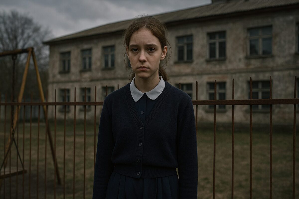 Подросток с грустным выражением лица стоит у ржавого забора интерната, вокруг облезлые качели и серое небо.