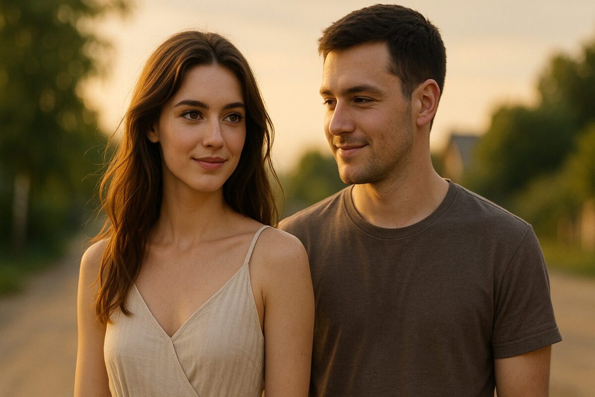 Молодая женщина в светлом платье и мужчина в повседневной одежде стоят рядом, глядя друг на друга с тёплыми улыбками; мягкий вечерний свет и лёгкая атмосфера создают ощущение начала романтической связи.