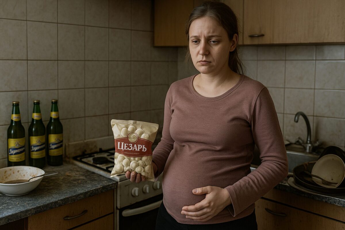 Беременная женщина с усталым взглядом на фоне грязной кухни и бутылок пива.