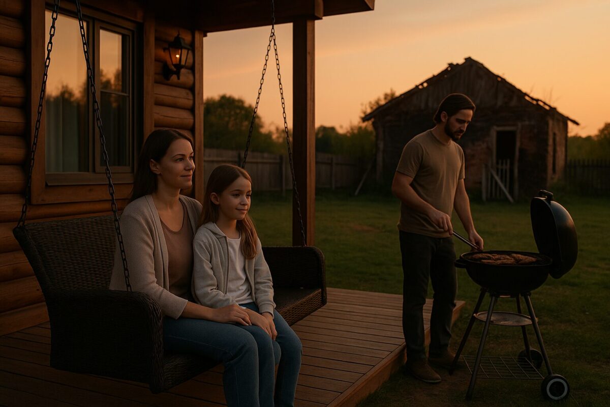 Светлана с дочкой на веранде отремонтированного дома, рядом муж с мангалом, на заднем фоне следы разрушенного сарая.