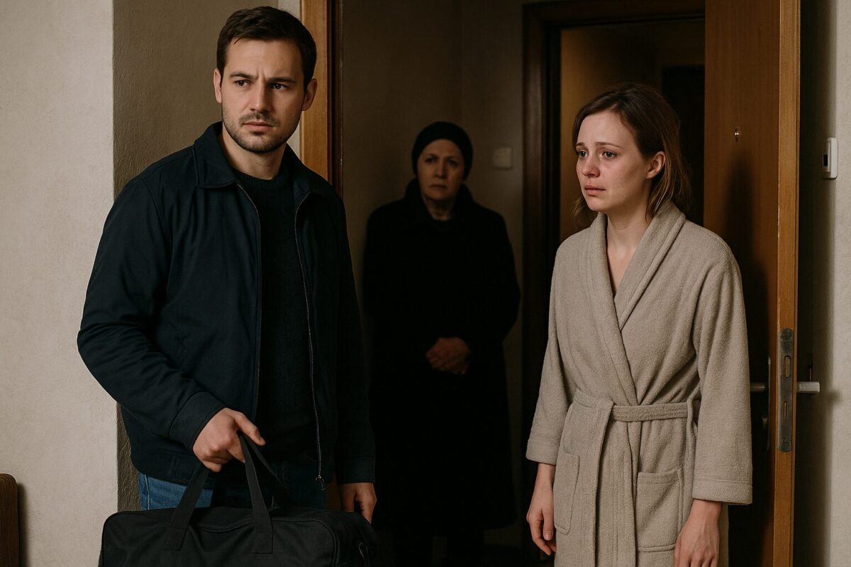 Муж с сумкой уходит из дома, жена провожает его с болью в глазах.