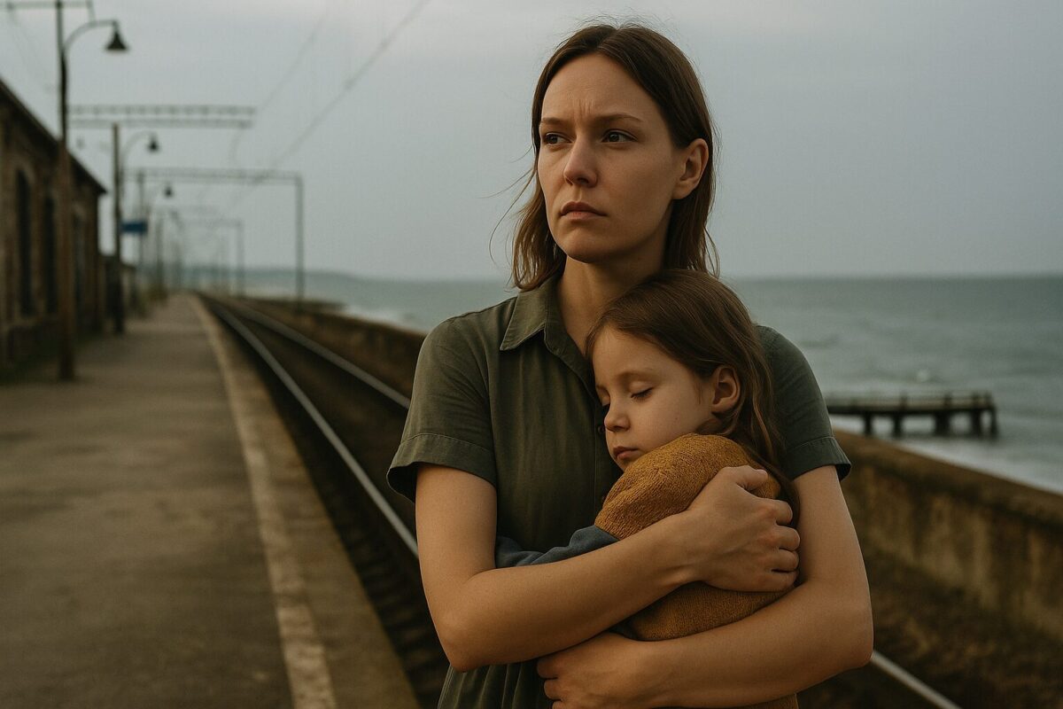 Женщина держит спящую девочку на пустом прибрежном железнодорожном перроне в пасмурный день.