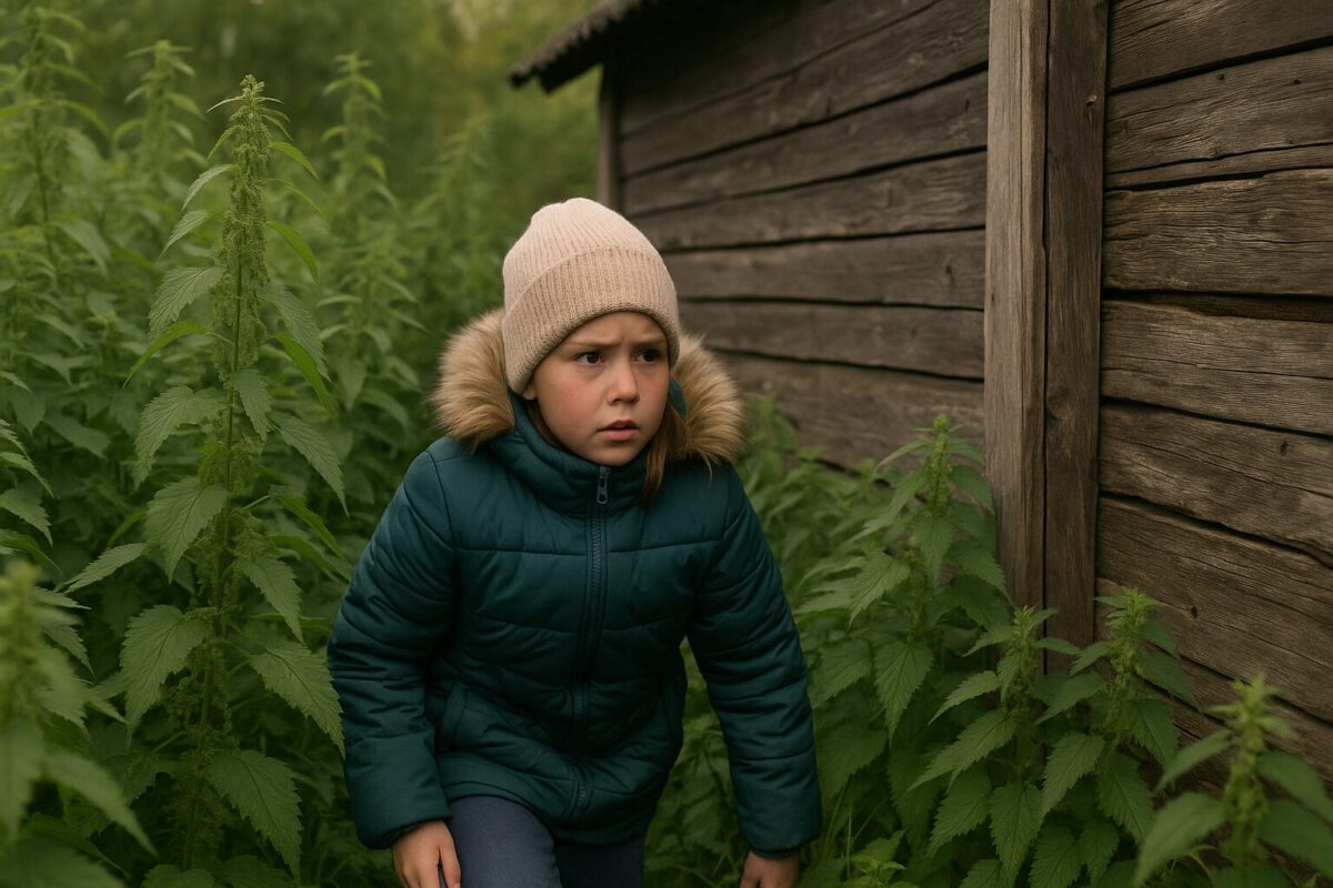 Девочка в тёплой куртке и вязаной шапке пробирается сквозь заросли высокой крапивы за старым деревенским сараем, прячась от взрослых.