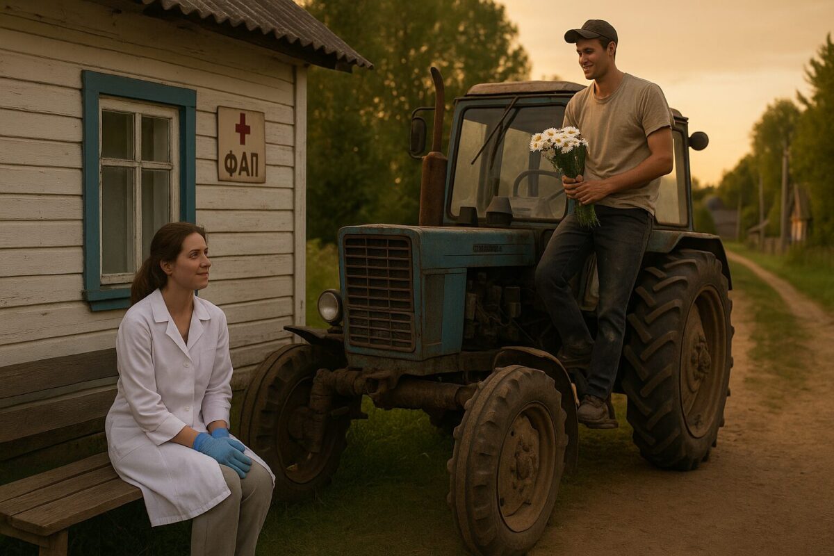 Фельдшер в халате у медпункта и тракторист с ромашками на фоне летней деревни.