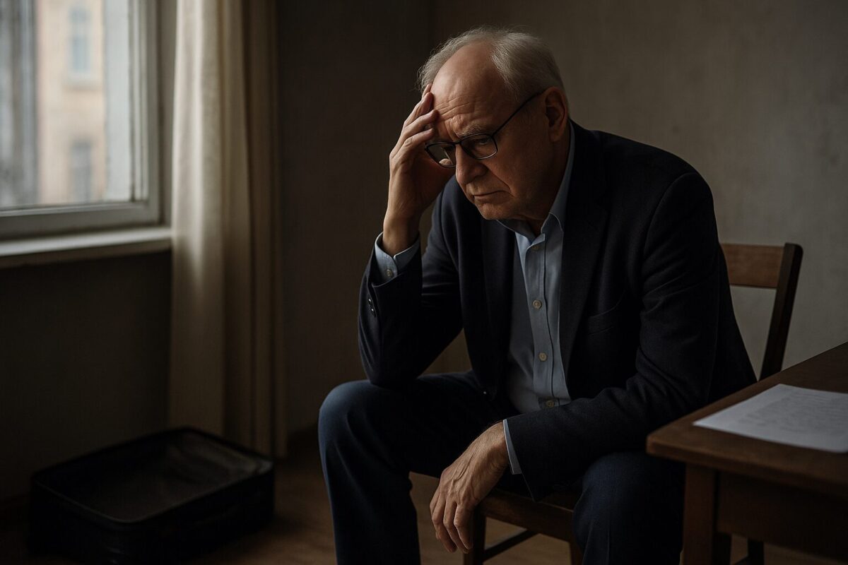 Пожилой мужчина в очках одиноко сидит у окна, за спиной — опустевшая квартира.