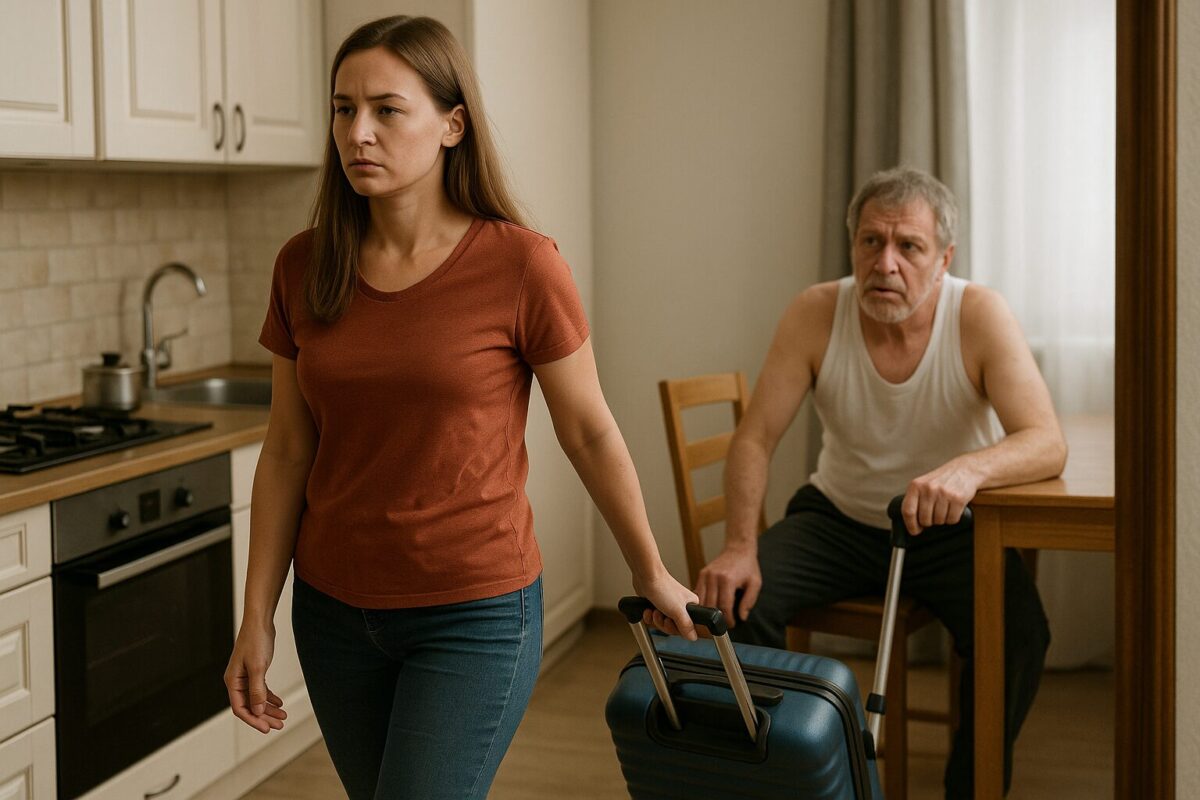 Женщина с чемоданом покидает кухню, муж смотрит на неё с обидой и растерянностью.