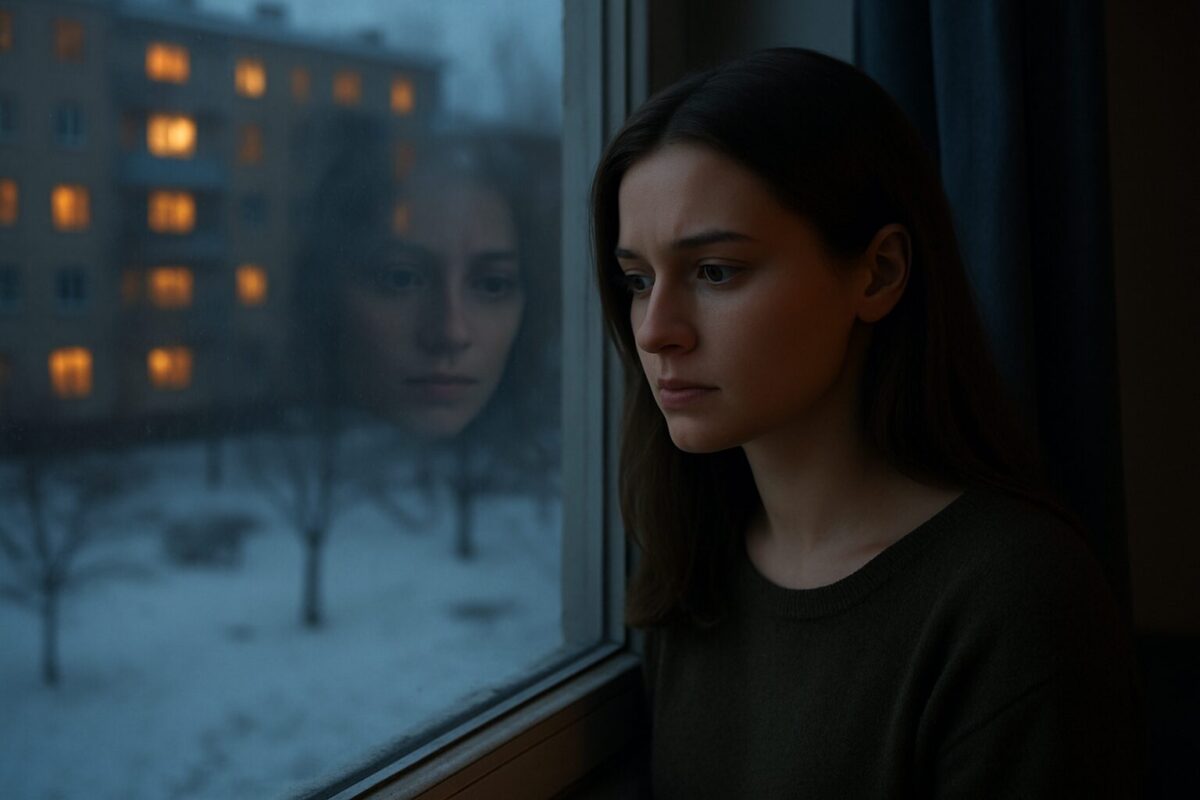 Женщина у окна смотрит на снежный двор и огни соседнего дома, на лице — сдержанная боль и твёрдое спокойствие.