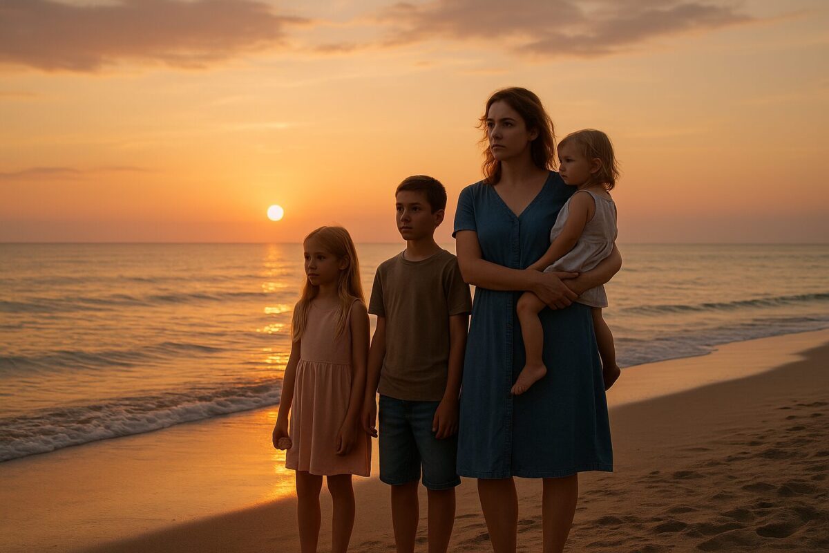 Мама с детьми стоят на берегу моря, вдалеке на горизонте безмятежный закат.
