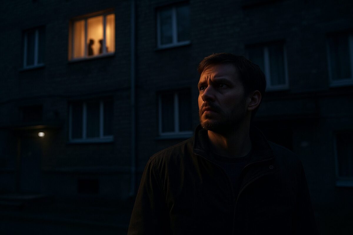 вечер, мужчина в тёмной куртке стоит в тени у подъезда многоэтажки, в окне третьего этажа горит тёплый свет. Его лицо — смесь гнева и боли.