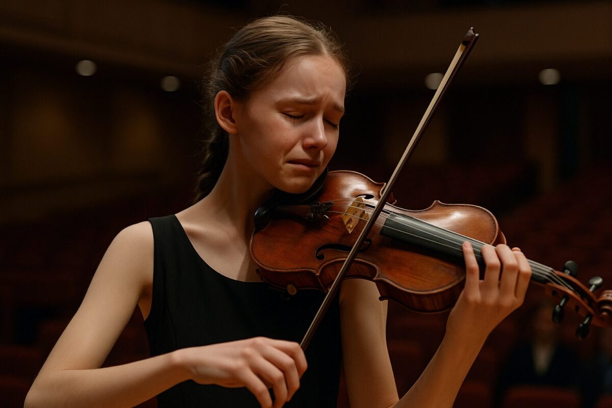 Пятнадцатилетняя скрипачка в слезах играет на сцене пустого зала.