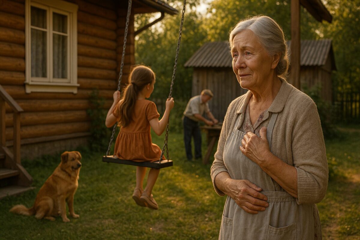 Пожилая женщина со слезами смотрит на качающуюся девочку во дворе.