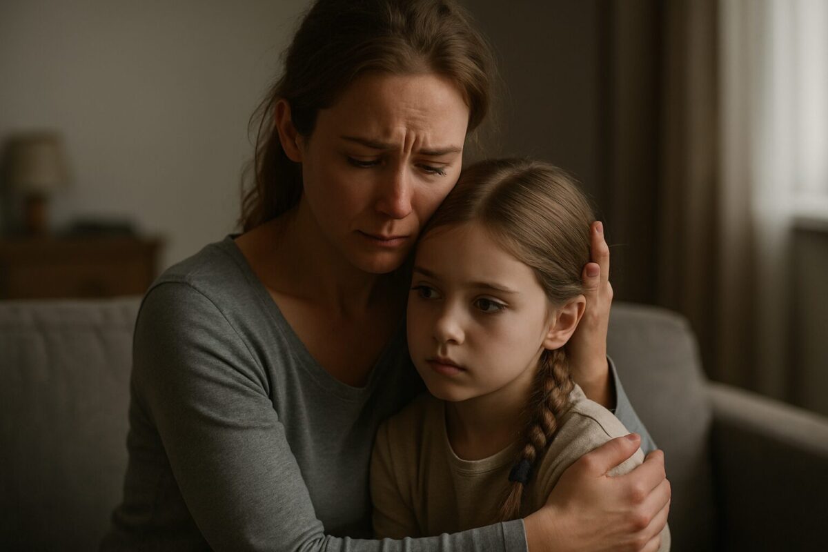 Мать нежно обнимает дочь в тишине дома, между ними — тоска и надежда.