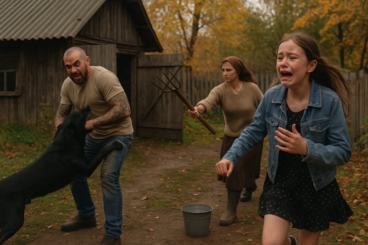 Чёрный пёс нападает на мужчину, защищая девочку у сарая.