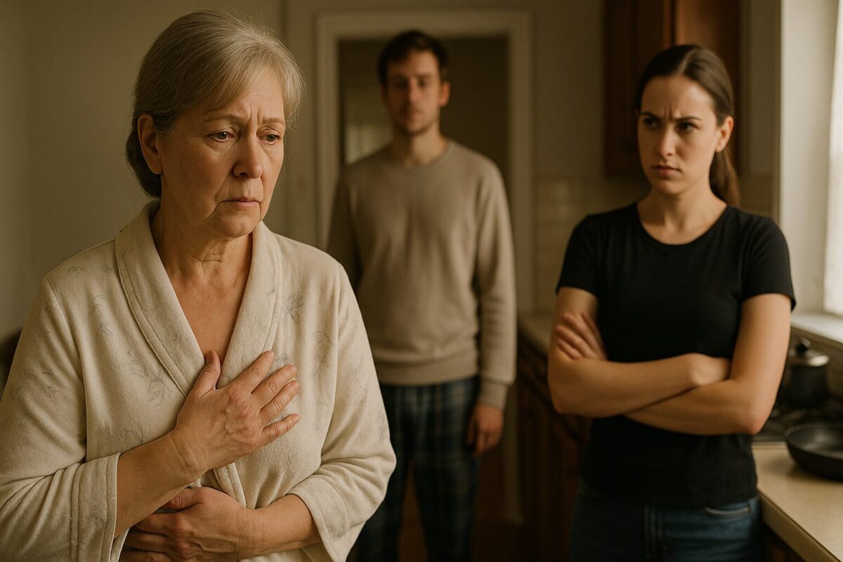 Пожилая мать в халате и нахмуренная невестка стоят на кухне напротив друг друга, а сын смотрит на мать с любовью.