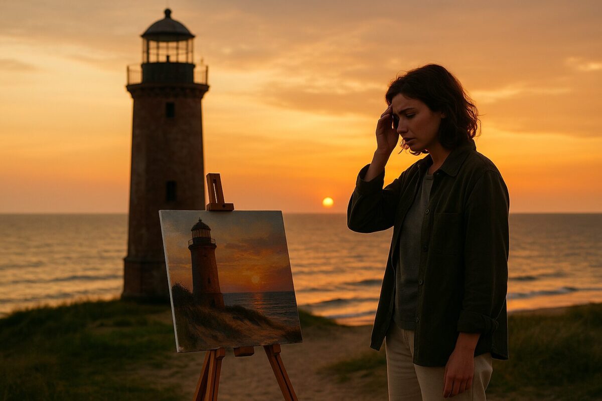 Женщина с мольбертом у старого маяка на фоне морского заката, в воздухе — лёгкая драма и надежда.