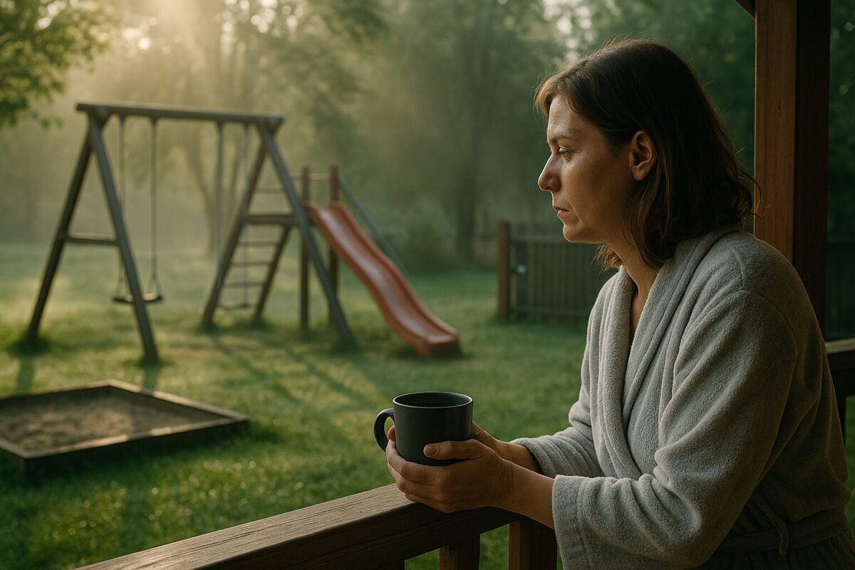 Женщина с чашкой кофе на веранде смотрит на пустую детскую площадку.