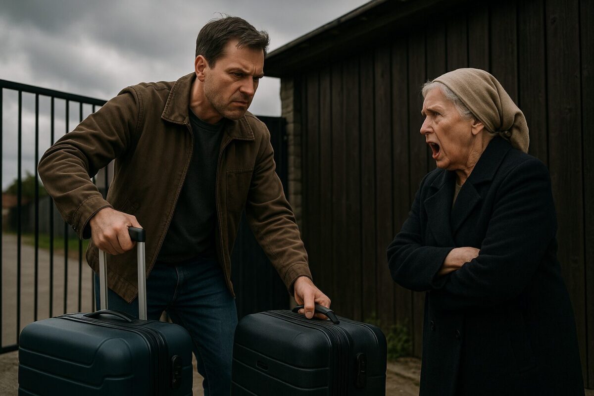 Мужчина выставляет чемоданы пожилой женщины за калитку на фоне хмурого неба.