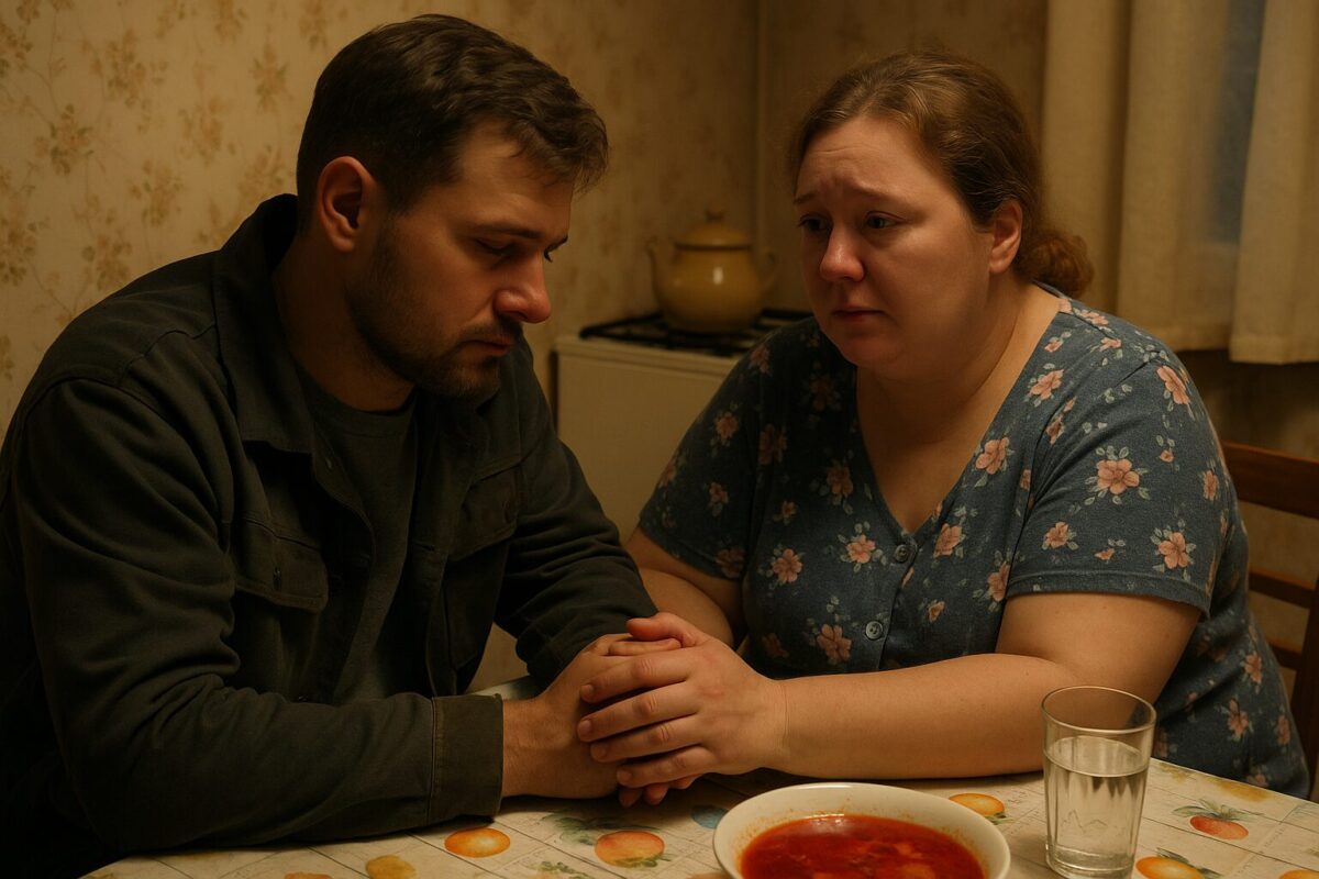 Мужчина и женщина сидят на кухне, она держит его за руку, в глазах — слёзы.