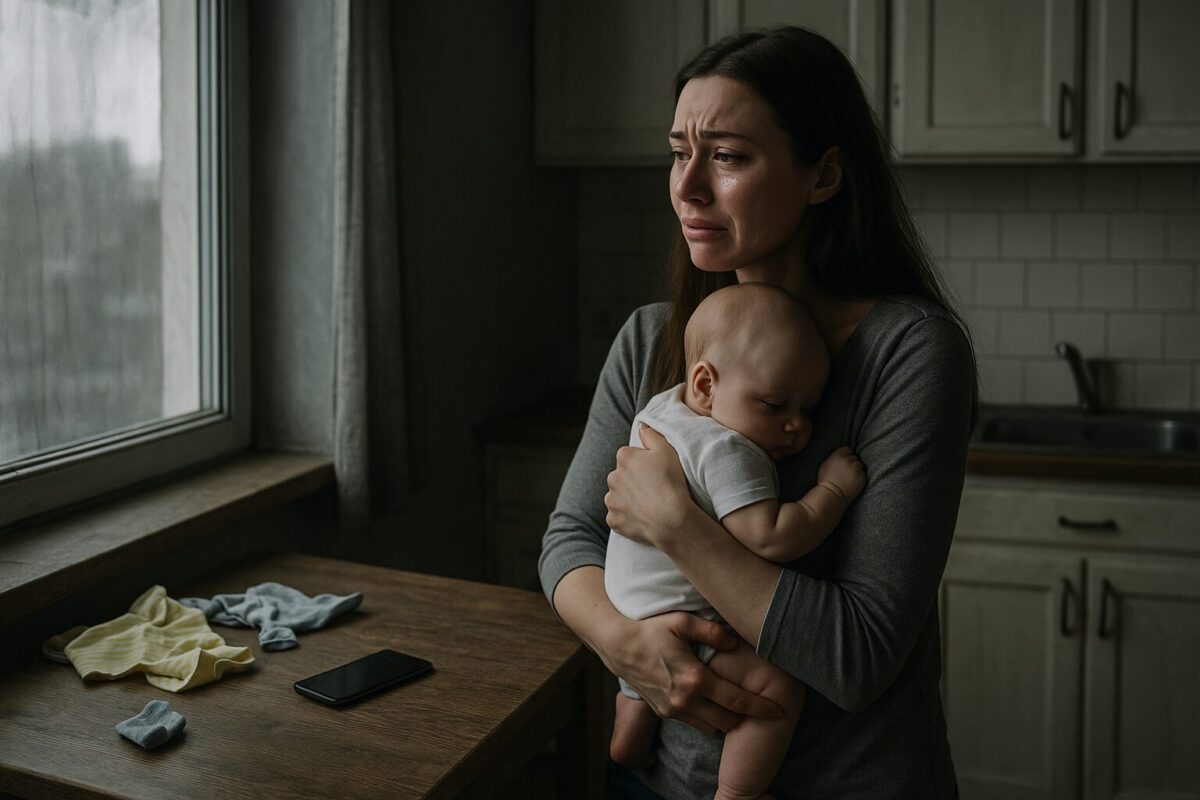 Женщина с младенцем у окна, в слезах, в пустой кухне.
