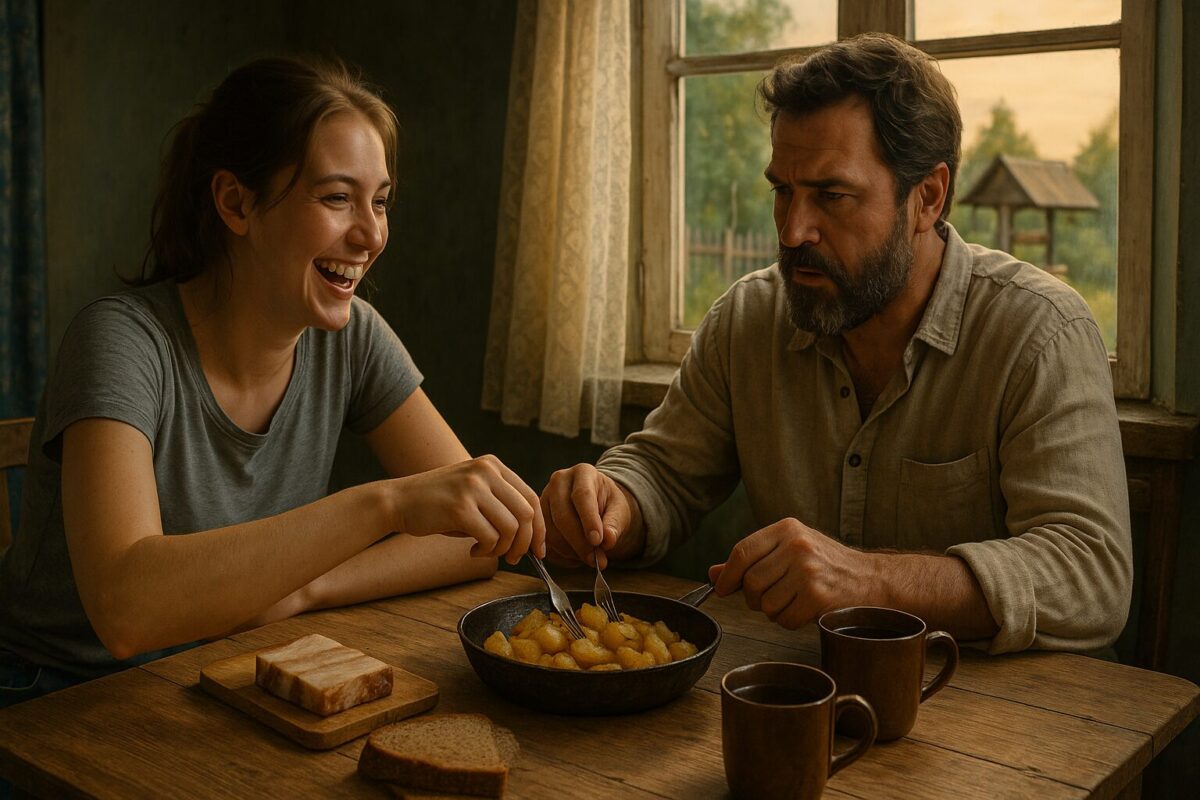Девушка в футболке и джинсах и бородатый мужчина в рубахе сидят за деревянным столом на деревенской кухне, едят жареную картошку из сковороды и смеются; в окне — колодец и летний закат, на столе — сало, хлеб и кружки с чаем.