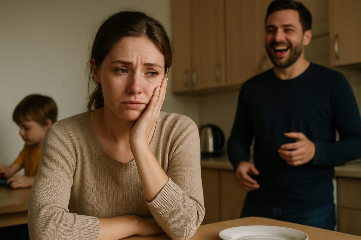Алина сдерживает слёзы на кухне, муж смеётся, сын играет — напряжение нарастает. Иллюстрация: