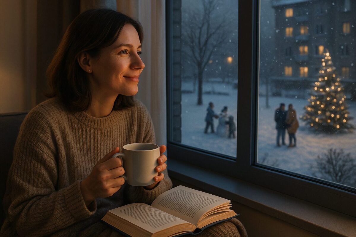 Женщина с книгой и чашкой чая у окна спокойно улыбается, за окном идёт снег.