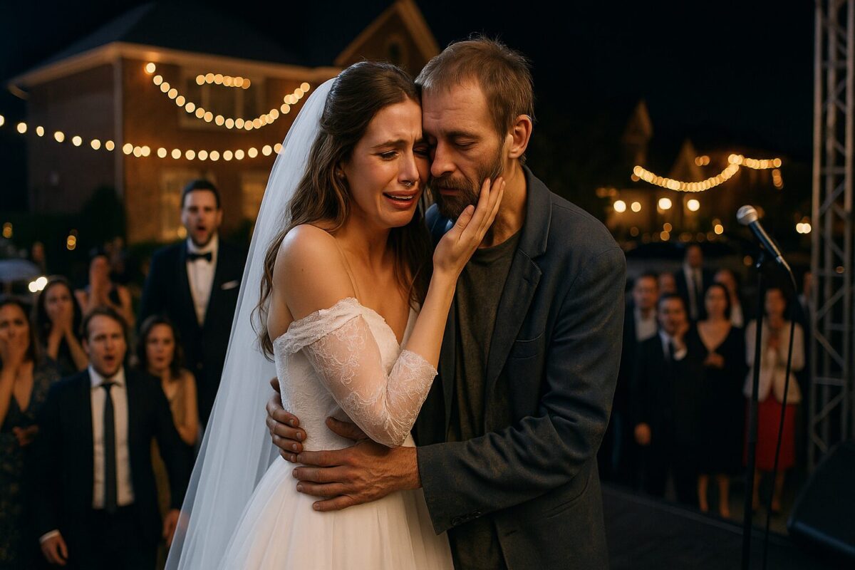 Невеста в белом платье обнимает заросшего мужчину на сцене перед изумлённой толпой.