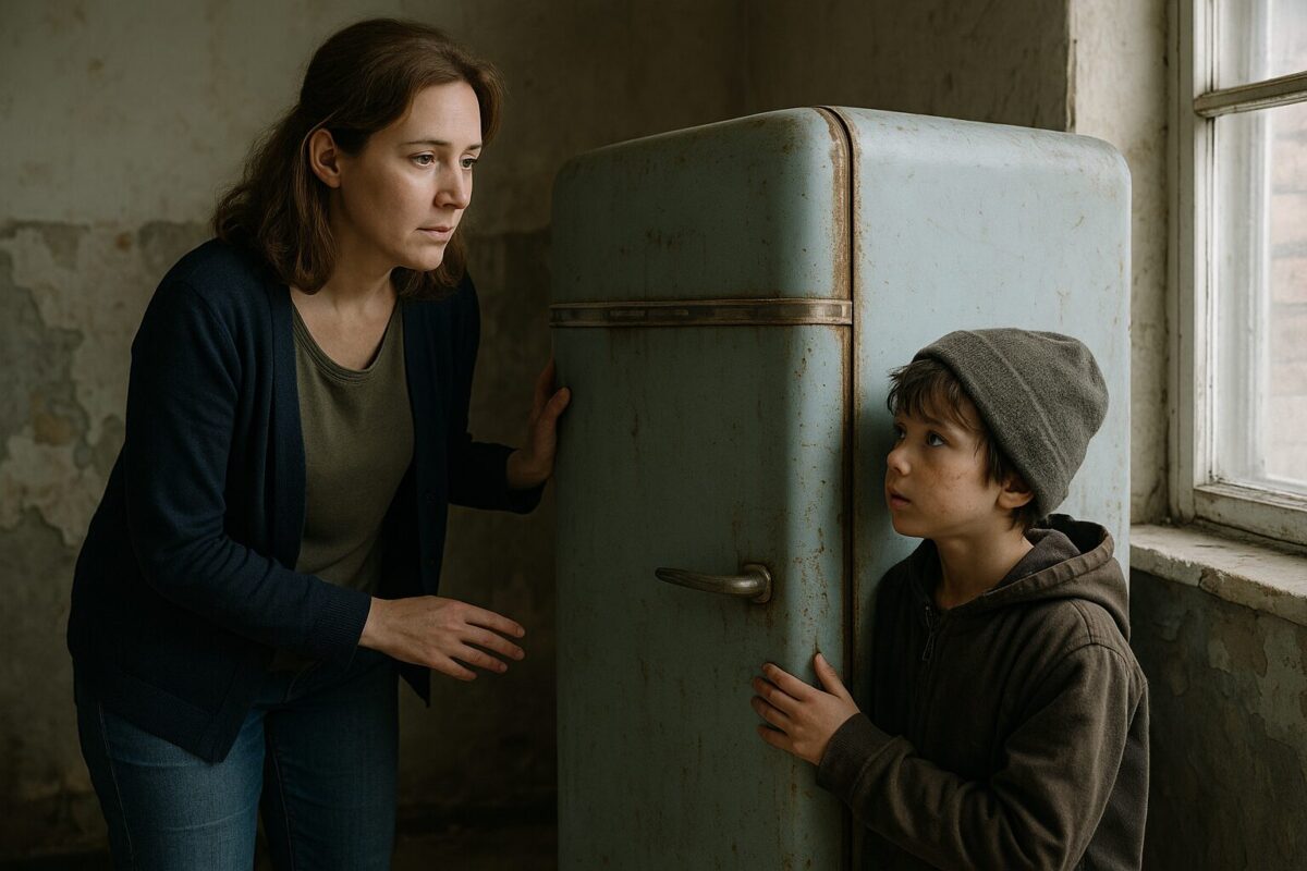 Женщина и мальчик в старой квартире осматривают массивный, потёртый холодильник, стоящий у стены.