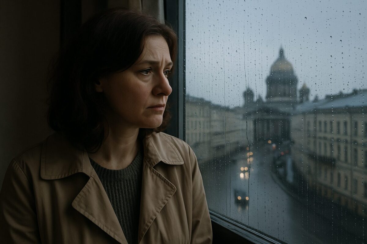 Женщина смотрит в окно сквозь дождевых капли с задумчивой грустью.